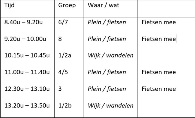 verkeerslessen 8 maart - indeling